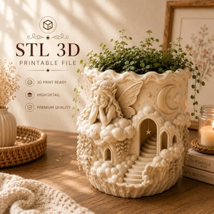 May include: A cream-colored 3D printable planter featuring a sculpted fairy resting on clouds, a crescent moon, and a small arched doorway with stairs. The text STL 3D PRINTABLE FILE, 3D PRINT READY, HIGH DETAIL, and PREMIUM QUALITY is visible.