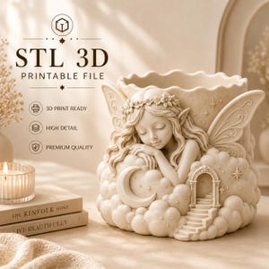 May include: A cream-colored 3D printable STL file featuring a decorative planter with a sculpted fairy sleeping on clouds, adorned with a crescent moon, stars, and a small arched staircase. The text reads STL 3D PRINTABLE FILE, 3D PRINT READY, HIGH DETAIL, PREMIUM QUALITY.