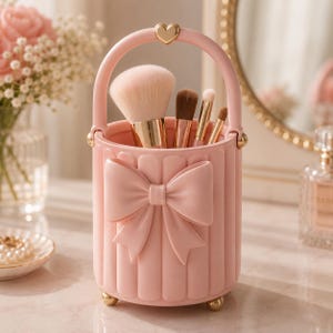Puede incluir: Un porta brochas de maquillaje cilíndrico de color rosa claro con textura acanalada vertical, un gran lazo decorativo en el frente, un asa superior con un pequeño corazón dorado y cuatro patas doradas, conteniendo cuatro brochas de maquillaje.