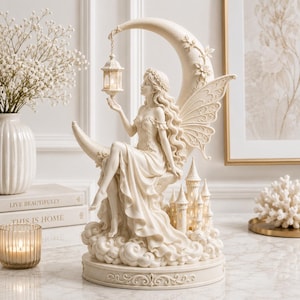 Può includere: Una statuetta color crema raffigurante una fata con lunghi capelli fluenti e ali seduta su una luna crescente. La fata tiene una lanterna sospesa sopra un piccolo castello incastonato tra le nuvole. La base è circolare con dettagli ornamentali.