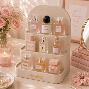 May include: A tiered perfume display stand holding various perfume bottles. The bottles are in shades of pink and beige. A vase of pink roses, a lit candle, and a mirror are also visible. The text "SCENT YOUR STORY" is on the stand.
