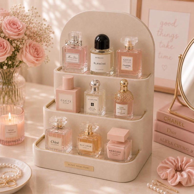 May include: A tiered perfume display stand holding various perfume bottles. The bottles are in shades of pink and beige. A vase of pink roses, a lit candle, and a mirror are also visible. The text "SCENT YOUR STORY" is on the stand.