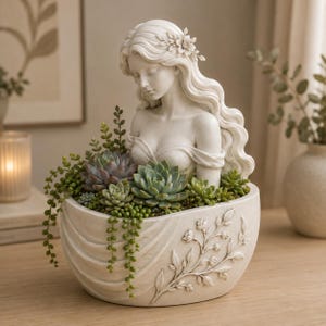 Peut inclure: Un pot de fleurs en résine couleur crème représentant une femme aux longs cheveux ondulés avec un accessoire floral. La base présente des textures de tissu drapé et un relief de branches feuillues. Il contient diverses plantes succulentes.