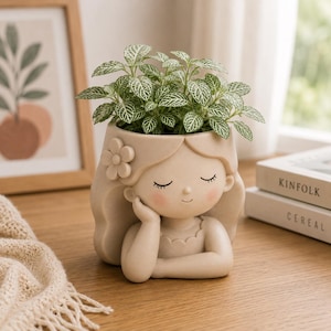 May include: A beige ceramic planter shaped like a girl with closed eyes, holding her chin. The planter is filled with a green plant with white veined leaves. A framed picture and books are in the background.