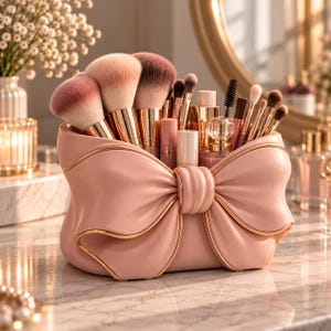 May include: A light pink makeup brush holder shaped like a large bow with gold trim. The holder contains various makeup brushes with fluffy bristles, several cylindrical cosmetic tubes, and a small glass perfume bottle with a clear crystal cap.
