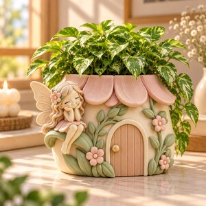 May include: A cream-colored ceramic planter shaped like a small house with a pink scalloped roof. A sculpted fairy with wings sits on a leaf near a wooden-style door. The house is decorated with green vines and pink flowers, holding a green and white pothos plant.