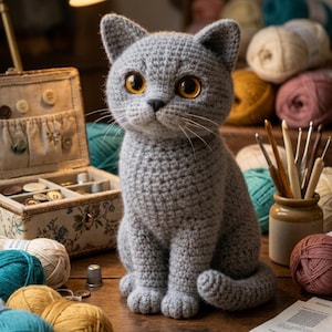 Patrón de gato de ganchillo realista en PDF, patrón de gato amigurumi de ganchillo, juguete de animal de ganchillo para hacer tú mismo, patrón de peluche de gato sentado, apto para principiantes.