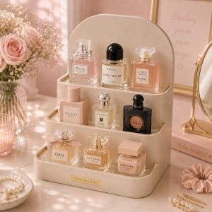May include: A tiered, off-white perfume display stand holding various perfume bottles. The bottles are in shades of pink, beige, and black. The text "SCENT YOUR STORY" is on the front of the stand. The background includes a mirror and a vase of pink roses.