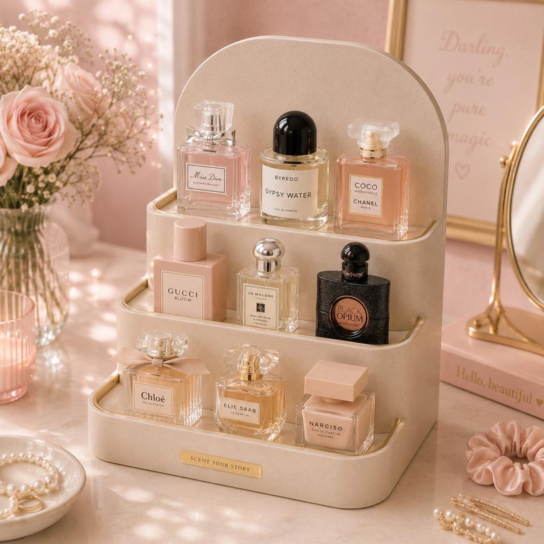 May include: A tiered, off-white perfume display stand holding various perfume bottles. The bottles are in shades of pink, beige, and black. The text "SCENT YOUR STORY" is on the front of the stand. The background includes a mirror and a vase of pink roses.
