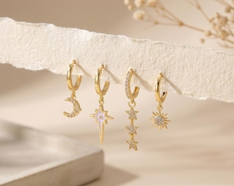 Conjunto de pendientes de 4 piezas chapados en oro de 18 quilates, pendientes de luna, sol y estrella celestiales, aros colgantes de circonita cúbica, joyería asimétrica para cartílago.
