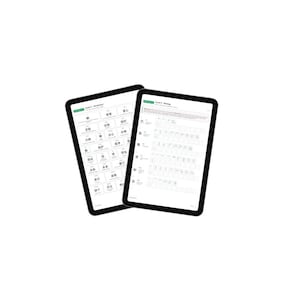 以下が含まれることがあります： 中国語の語彙と筆記練習を表示する2つの黒いタブレット。左側のタブレットには、グリッド形式の語彙が表示されます。右側のタブレットには、文字の輪郭が描かれた筆記練習シートが表示されます。どちらのタブレットも白い背景です。