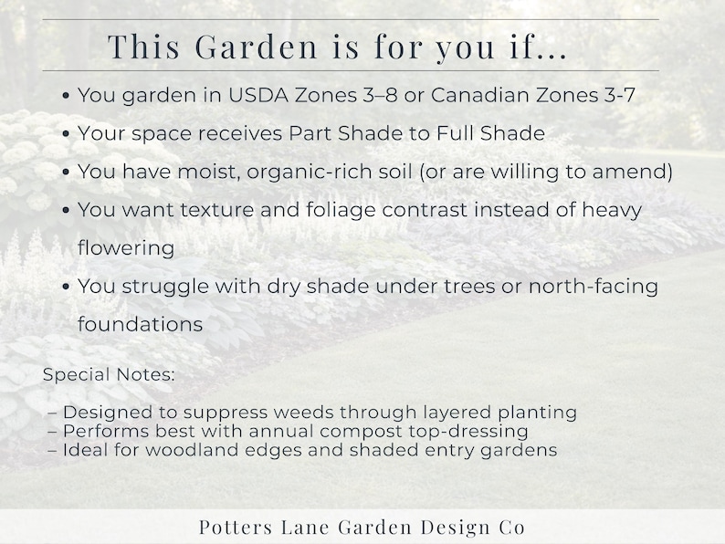 Serene Woodland Shade Garden Design Plan | Part Shade Perennial Landscape Layout | Zones 3-8 Printable PDF image 8