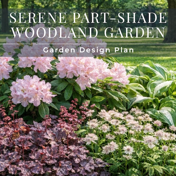 Serene Woodland Shade Garden Design Plan | Part Shade Perennial Landscape Layout | Zones 3-8 Printable PDF