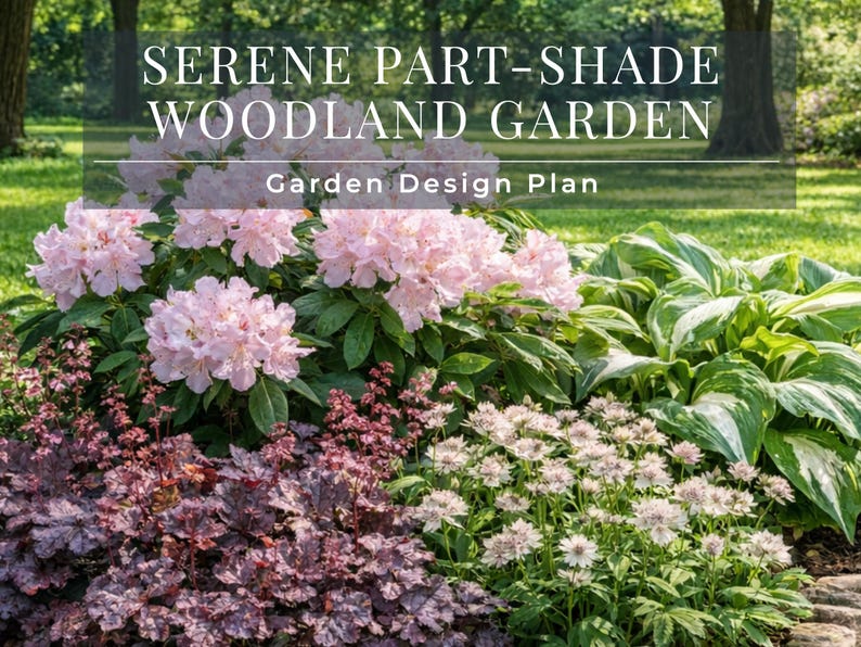 Serene Woodland Shade Garden Design Plan | Part Shade Perennial Landscape Layout | Zones 3-8 Printable PDF image 1