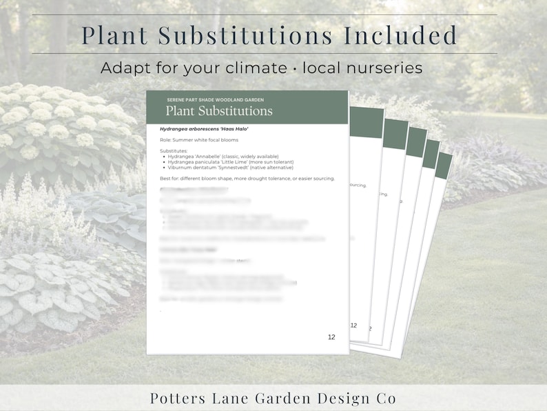 May include: A stack of white paper documents with green headers and text, titled "Plant Substitutions." The documents are from Potters Lane Garden Design Co. The top document lists plant substitutions for a garden.