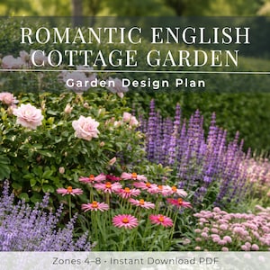Romantic English Border Garden Plan | Zone 4-8 Perennial Cottage Garden Design | Front Entry Foundation Planting Layout