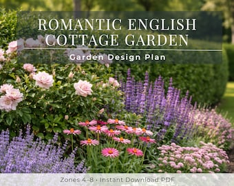 Romantic English Border Garden Plan | Zone 4-8 Perennial Cottage Garden Design | Front Entry Foundation Planting Layout