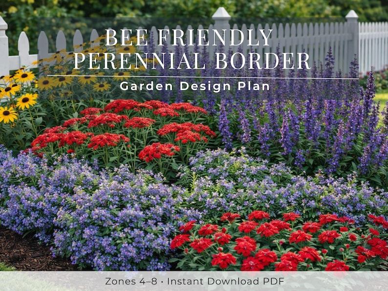 Bee Friendly Garden Plan Zones 4–8, Full Sun Pollinator Border Layout ...