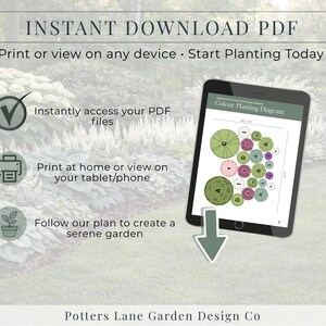 May include: A digital tablet displays a color planting diagram. The image includes text: "INSTANT DOWNLOAD PDF" and "Print or view on any device. Start Planting Today." Additional text: "Instantly access your PDF files" and "Print at home or view on your tablet/phone."
