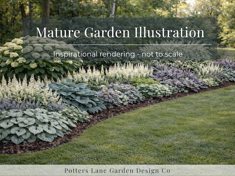 May include: A mature garden illustration featuring a variety of plants with green, white, and purple foliage. The text "Mature Garden Illustration" and "Inspirational rendering - not to scale" are displayed. The garden is bordered by a green lawn.