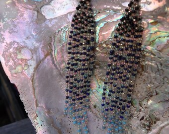 one of a kind unique beaded fringe earrings handmade with indigo blue white glow in the dark glass seed beads ~ starry night