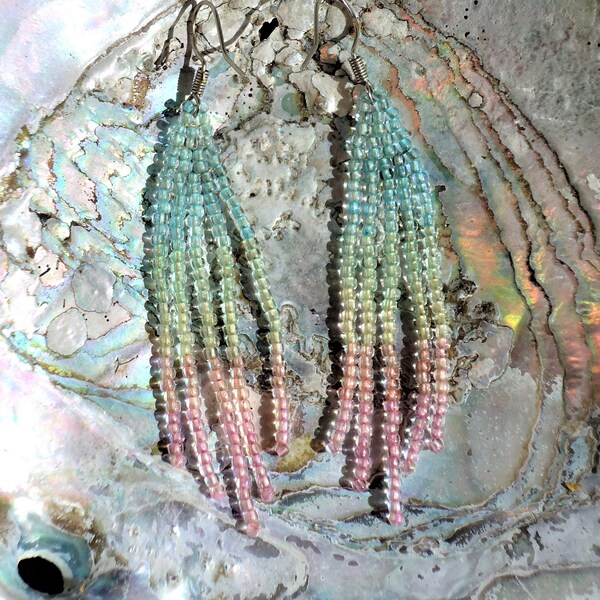 one of a kind unique beaded fringe earrings handmade with blue green yellow pink glow in the dark glass seed beads ~ sunset