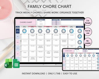 Foglio di calcolo per le faccende domestiche / Tracciamento settimanale delle faccende domestiche / Programma per le pulizie domestiche / Organizzatore familiare / Fogli Excel e Google