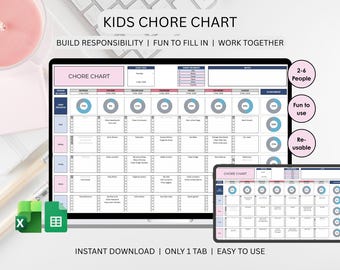 Foglio di calcolo per la tabella delle faccende domestiche dei bambini / Tracciamento settimanale delle faccende domestiche dei bambini / Tabella delle responsabilità / Excel e Fogli Google
