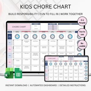 May include: A digital chore chart displayed on a laptop and tablet. The chart is in shades of pink and blue, with sections for tasks and a progress tracker. Text on the image includes "KIDS CHORE CHART" and "BUILD RESPONSIBILITY | FUN TO FILL IN | WORK TOGETHER".