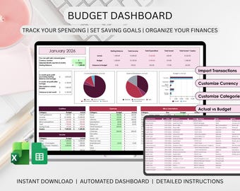 Foglio di calcolo per dashboard di budget / Monitoraggio mensile di budget e spese / Modello per dashboard finanziaria / Excel e Fogli Google