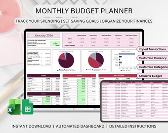 Pianificatore di budget mensile / Foglio di calcolo del budget / Monitoraggio delle finanze personali / Monitoraggio delle spese mensili / Dashboard del budget / Excel e Fogli Google