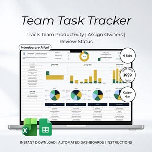 May include: A laptop screen displaying a Team Task Tracker dashboard with charts, graphs, and task lists. The interface includes text labels like Overall Dashboard, 6 Tabs, and Track up to 1000 tasks. Green Excel and spreadsheet icons are visible.