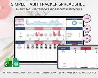 Foglio di calcolo per il monitoraggio delle abitudini semplici / Monitoraggio delle abitudini minime / Registro delle abitudini giornaliere / Pianificatore delle abitudini / Fogli Excel e Google