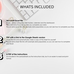 Pu&ograve; includere: Vista dall'alto di uno spazio di lavoro con tastiera, matite e una candela. Il testo recita "WHATS INCLUDED" con elenchi numerati che dettagliano i file di Microsoft Excel, i collegamenti a Google Sheets e le istruzioni PDF.