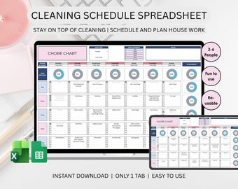 Foglio di calcolo per la programmazione delle pulizie / Lista di controllo per le pulizie settimanali / Monitoraggio delle pulizie domestiche / Fogli Excel e Google