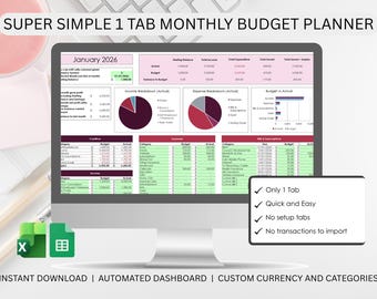 Semplice strumento di monitoraggio del budget mensile. Un foglio di calcolo per pianificare finanze, debiti, spese e risparmi (download digitale da Excel e Fogli Google)