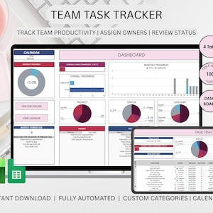 Pu&ograve; includere: Un tracker digitale delle attivit&agrave; del team visualizzato su un monitor di computer e un tablet. La dashboard mostra grafici di avanzamento, assegnazioni di attivit&agrave; e visualizzazioni del calendario. Il testo include "Team Task Tracker" e "Download istantaneo".