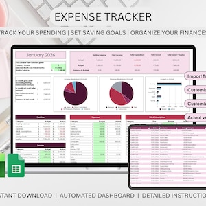 Könnte beinhalten: Eine digitale Ausgaben-Tracker-Tabelle, die auf einem Computerbildschirm angezeigt wird. Die Tabelle enthält Diagramme, Tabellen und den Text "EXPENSE TRACKER". Zusätzlicher Text lautet "TRACK YOUR SPENDING | SET SAVING GOALS | ORGANIZE YOUR FINANCES".