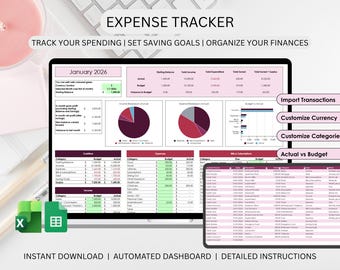 Foglio di calcolo per il monitoraggio delle spese / Monitoraggio delle spese mensili / Importazione delle transazioni bancarie / Dashboard del budget / Excel e Fogli Google