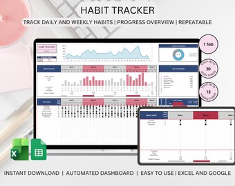 Foglio di calcolo per il monitoraggio delle abitudini / Monitoraggio delle abitudini giornaliere e settimanali / Monitoraggio degli obiettivi / Pianificatore di produttività / Fogli Excel e Google
