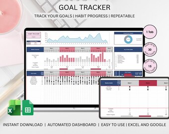 Foglio di calcolo per il monitoraggio degli obiettivi / Monitoraggio delle abitudini / Monitoraggio delle abitudini settimanali / Pianificatore degli obiettivi / Dashboard dei progressi / Excel e Fogli Google