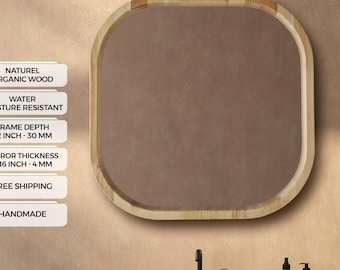Espejo de pared cuadrado de madera natural para baño, decoración de tocador, estilo escandinavo moderno.