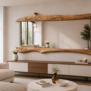 May include: A large rectangular wall mirror featuring a natural live edge wood frame with a light brown finish. The mirror is mounted horizontally above a long, low-profile media console cabinet with white and dark wood cabinet doors.