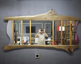 Live Edge Walnut Wood Mirror | Handmade Rustic Modern Entryway Living Room |Farmhouse Decor