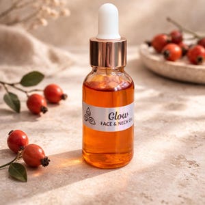 Puede incluir: Una pequeña botella de vidrio llena de aceite naranja, etiquetada como "Glow FACE & NECK Oil". La botella tiene un cuentagotas blanco y una tapa color cobre. Bayas rojas y hojas verdes están dispuestas alrededor de la botella.