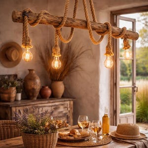 Può includere: Un lampadario rustico con una trave di legno orizzontale sospesa da spesse corde in fibra naturale. Quattro lampadine in stile Edison pendono dalla trave, ciascuna avvolta in corda abbinata, offrendo un'illuminazione calda sul tavolo.