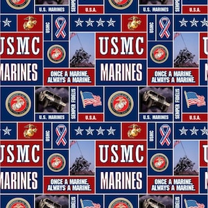 May include: A patriotic pattern featuring USMC imagery. The design includes the US Marine Corps emblem, flags, military vehicles, and the text "USMC MARINES" and "ONCE A MARINE, ALWAYS A MARINE." The color scheme is red, white, and blue.