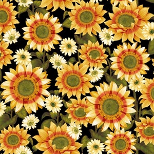 May include: A seamless pattern featuring yellow and orange sunflowers with red centers on a black background. The sunflowers are surrounded by small white daisies.