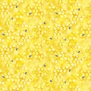 May include: A seamless pattern of yellow honeycomb with black and white bees flying around. The background is a light yellow color.