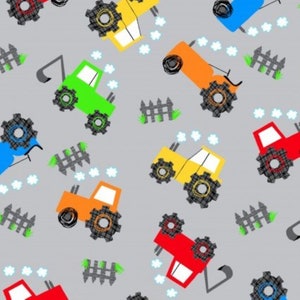 May include: A seamless pattern featuring colorful toy trucks on a gray background. The trucks are red, yellow, green, blue, and orange. Each truck has large black wheels and a white cab. The background is decorated with small white clouds, green grass, and black fences.
